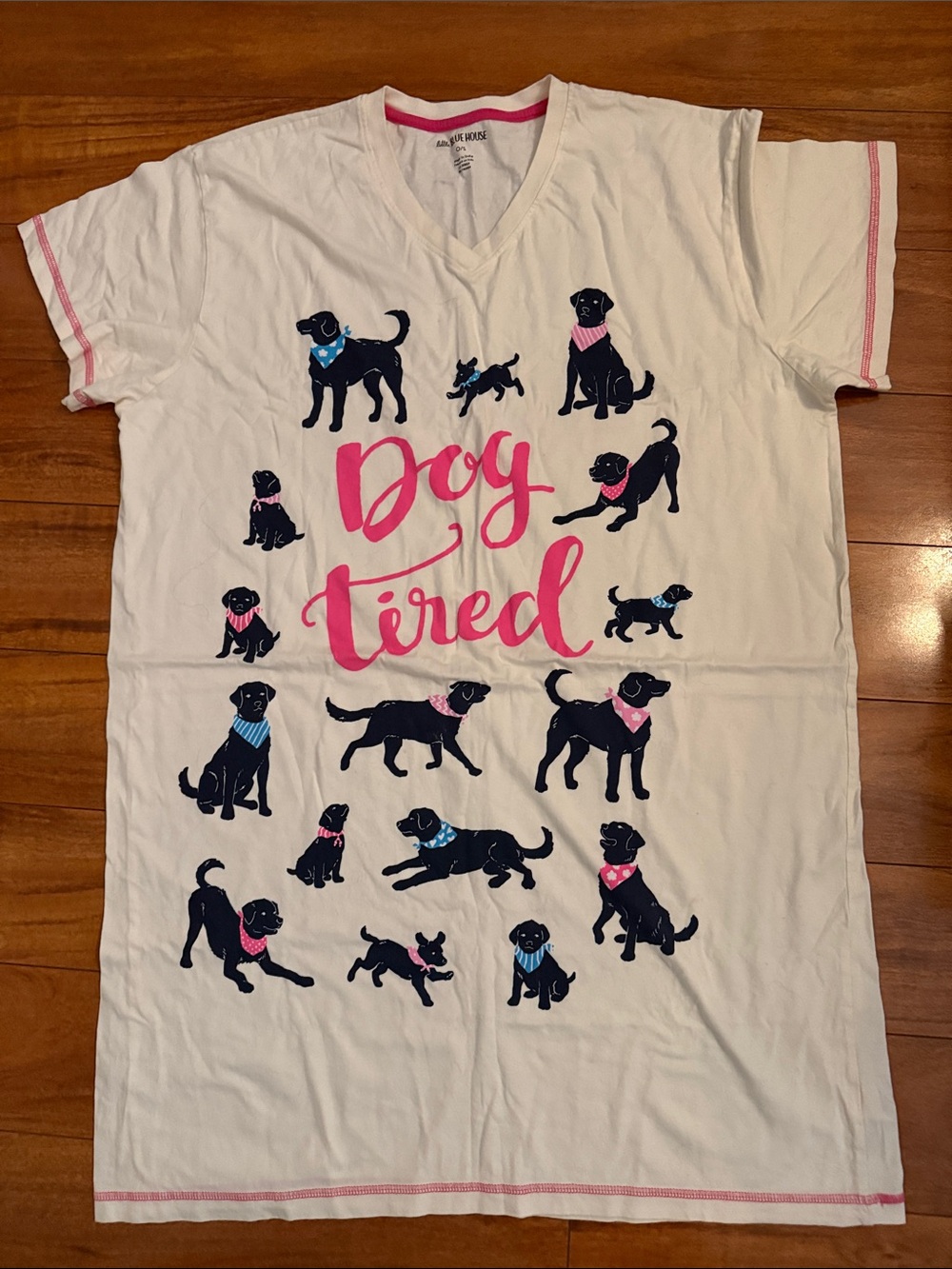 Dog Tired White Sleep Tee with Pink Script & Navy Dog Graphics